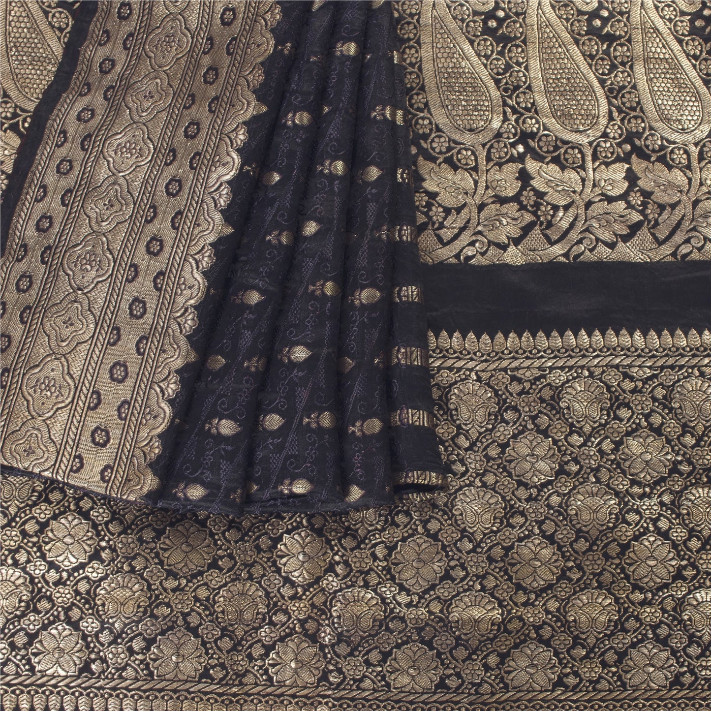 Sanskriti Vintage Black Sarees Pure Satin Woven Brocade/Banarasi Sari Fabric