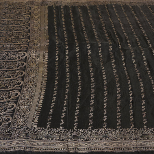Sanskriti Vintage Black Sarees Pure Satin Woven Brocade/Banarasi Sari Fabric