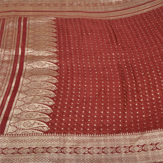 Sanskriti Vintage Dark Red Sarees Pure Satin Woven Brocade/Banarasi Sari Fabric