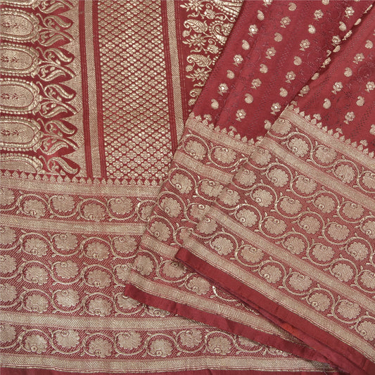 Sanskriti Vintage Dark Red Sarees Pure Satin Silk Brocade/Banarasi Sari Sustainable Fabric