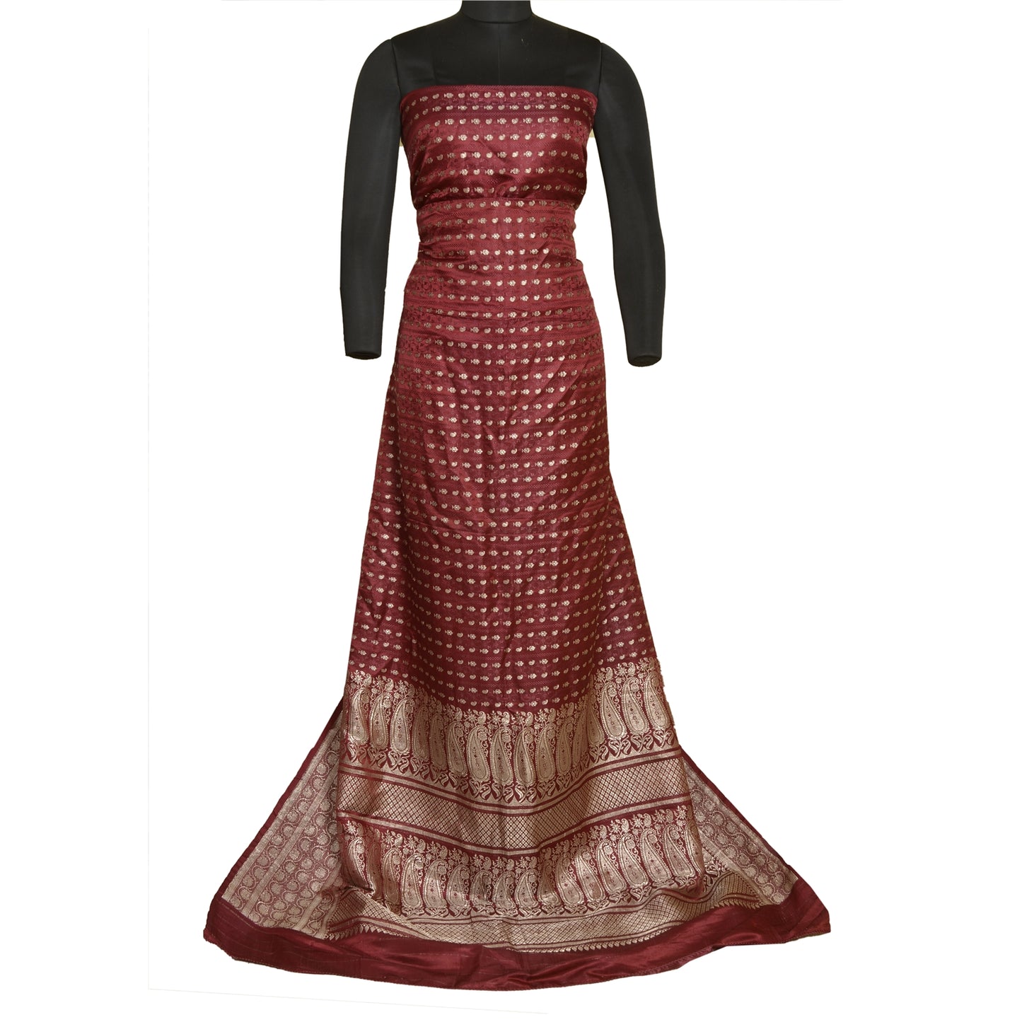 Sanskriti Vintage Dark Red Sarees Pure Satin Silk Brocade/Banarasi Sari Sustainable Fabric