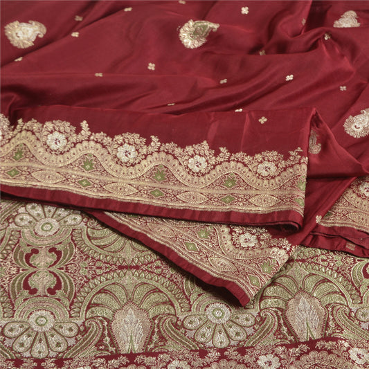 Sanskriti Vintage Dark Red Sarees Pure Satin Woven Brocade/Banarasi Sari Sustainable Fabric