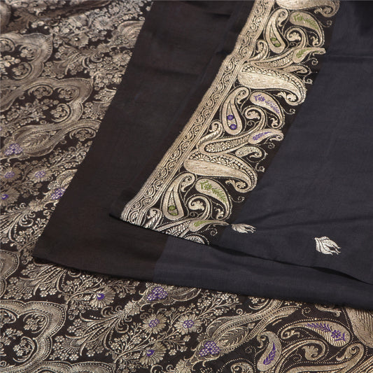 Sanskriti Vintage Black Sarees Pure Satin Silk Brocade/Banarasi Zari Sari Fabric