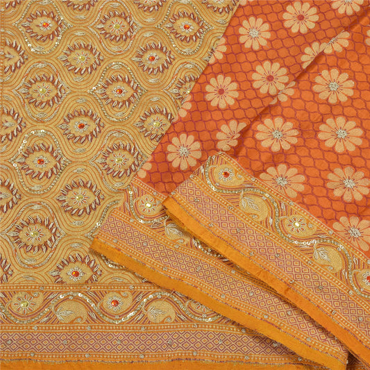 Sanskriti Vintage Saffron Sarees Pure Satin Silk Brocade/Banarasi Sari Fabric