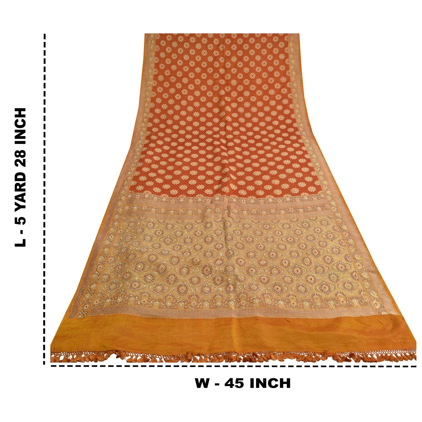 Sanskriti Vintage Saffron Sarees Pure Satin Silk Brocade/Banarasi Sari Fabric