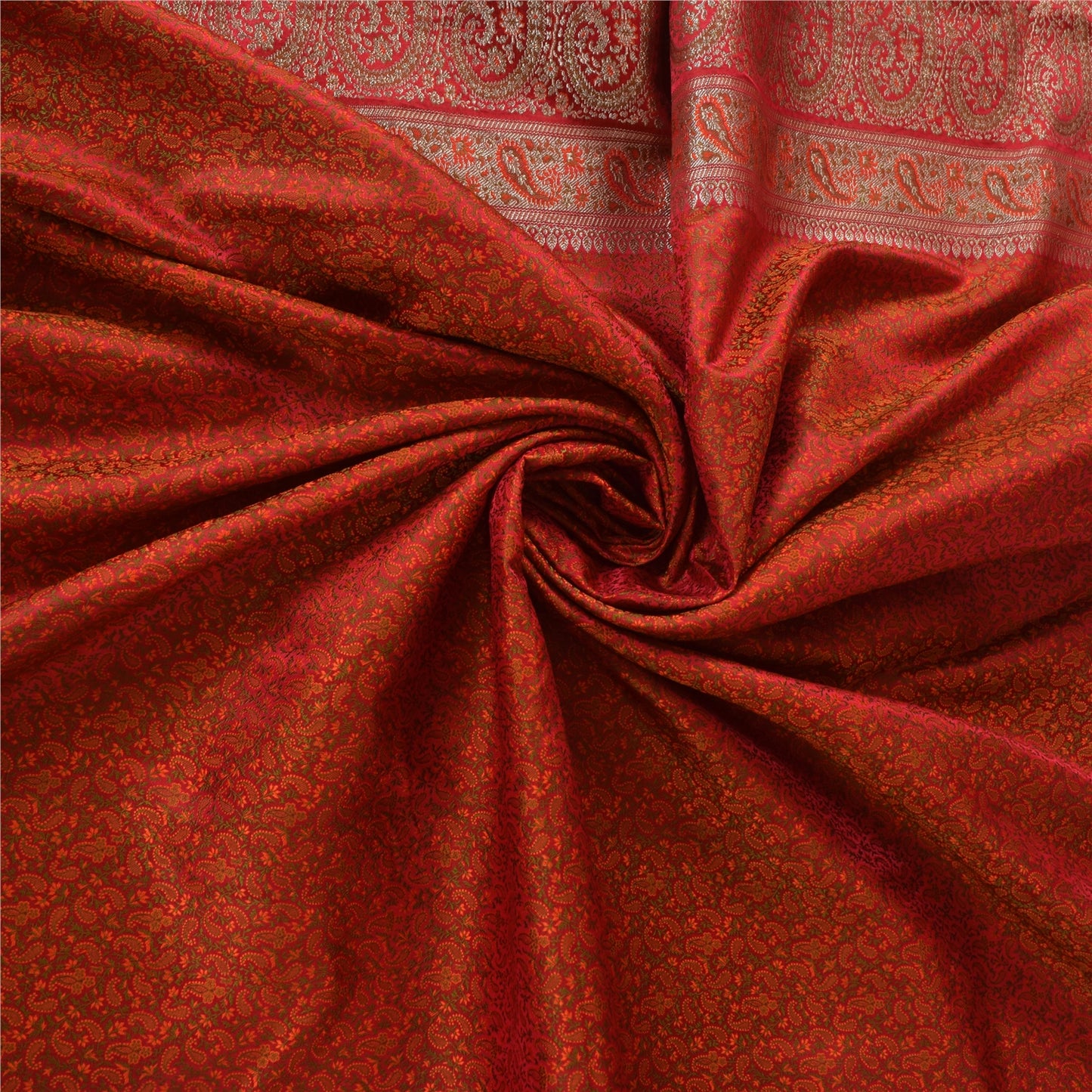 Sanskriti Vintage Sarees Orange Brocade/Banarasi ZariWoven Pure Silk Sari Fabric