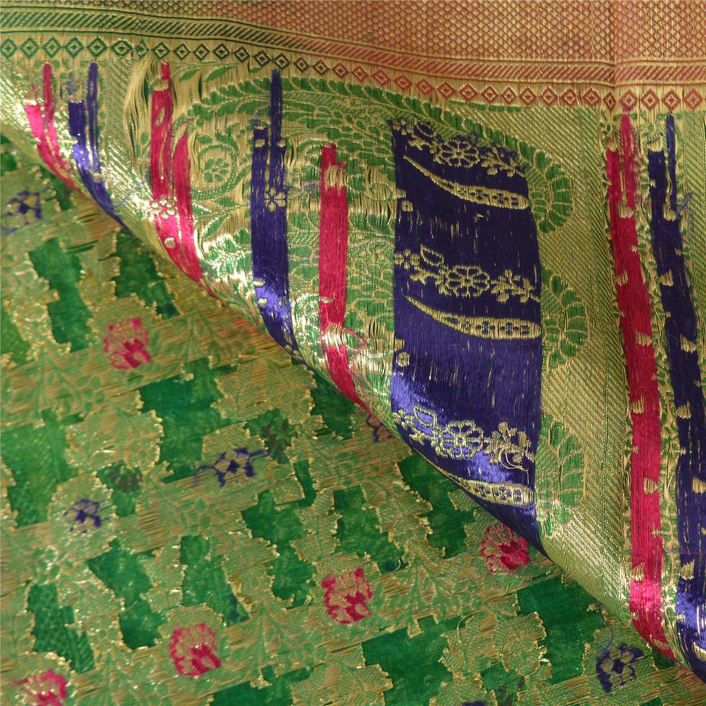 Sanskriti Vintage Sarees Green Brocade/Banarasi Zari Woven Pure Silk Sari Sustainable Fabric