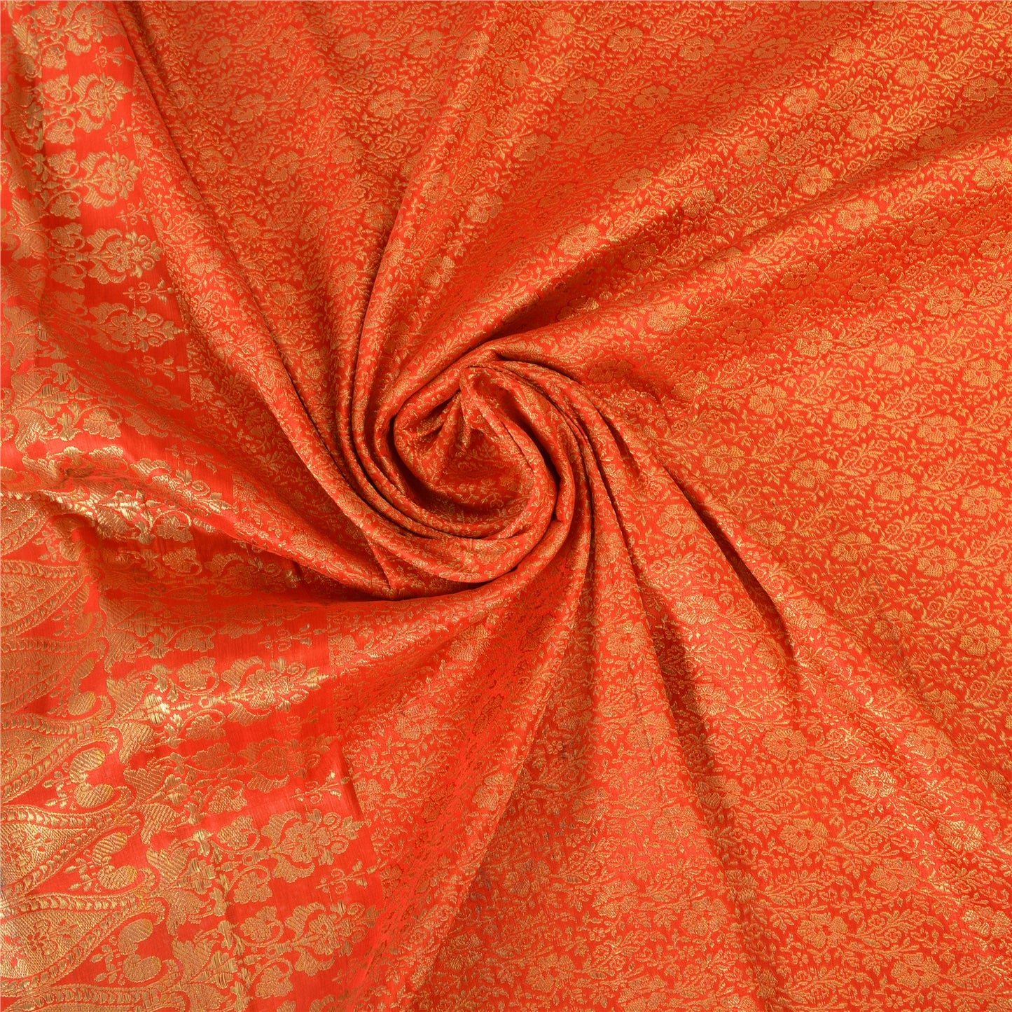 Sanskriti Vintage Sarees Orange Brocade/Banarasi ZariWoven PureSatin Sari Sustainable Fabric