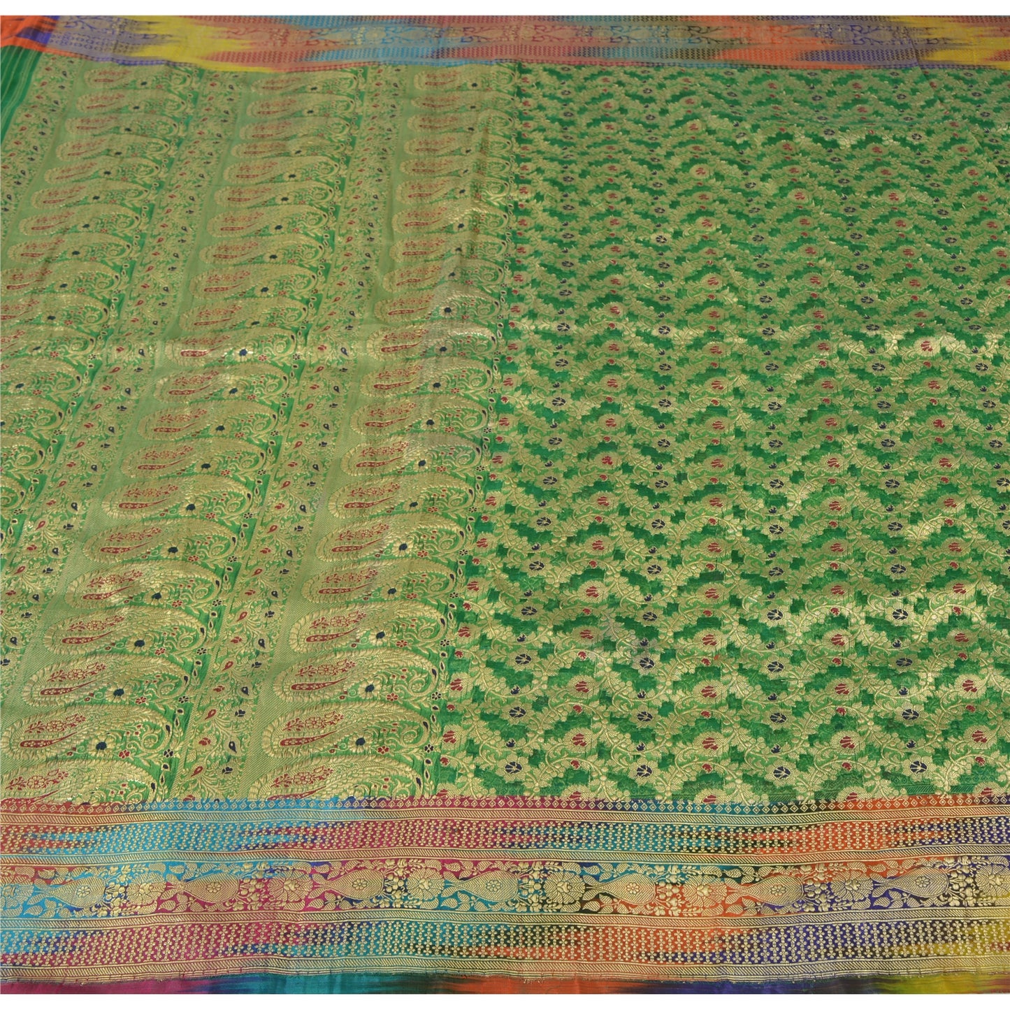 Sanskriti Vintage Green Sarees Pure Silk Banarasi/Brocade Hand Woven Sari 5yd