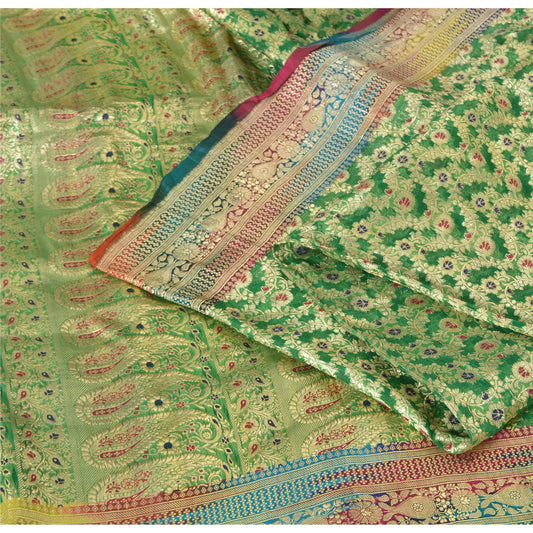Sanskriti Vintage Green Sarees Pure Silk Banarasi/Brocade Hand Woven Sari 5yd