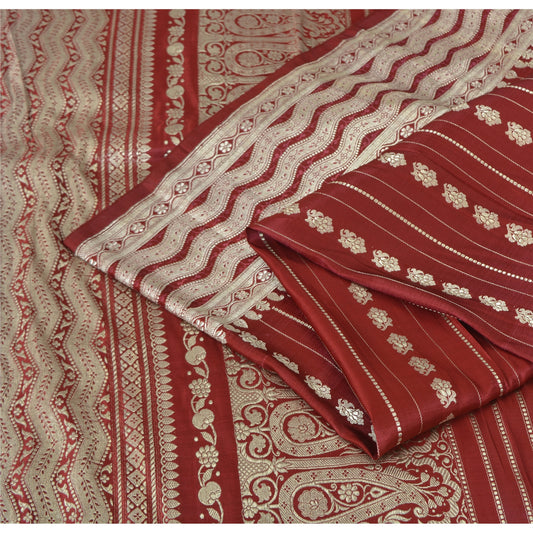 Sanskriti Vintage Red Sarees Pure Silk Brocade/Banarasi Woven Sari Craft Sustainable Fabric
