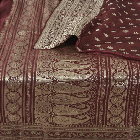 Sanskriti Vintage Burgundy Sarees Pure Silk Brocade Hand Woven Sari Craft Sustainable Fabric