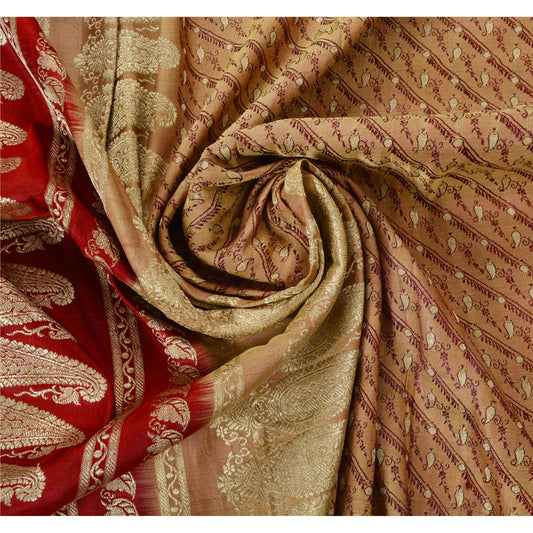 Sanskriti Vintage Red Sarees Pure Satin Silk Banarasi Brocade 5Yd Fabric Sari
