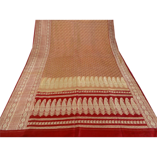 Sanskriti Vintage Red Sarees Pure Satin Silk Banarasi Brocade 5Yd Fabric Sari