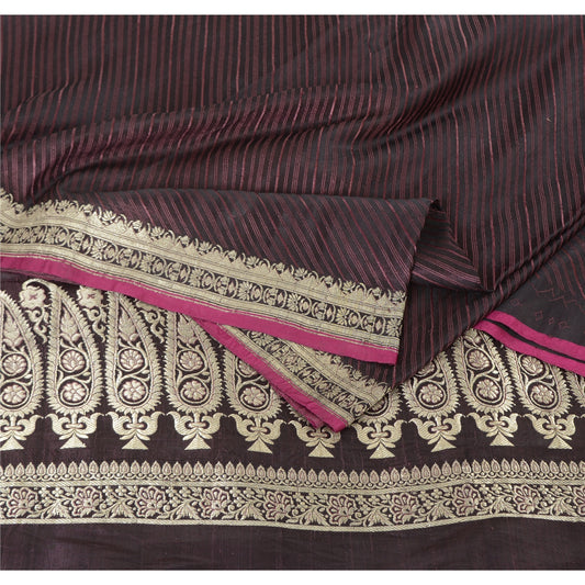 Sanskriti Vintage Plum Sarees Pure Satin Silk Banarasi Brocade Sustainable Fabric Craft Sari