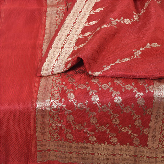 Sanskriti Vintage Red Sarees Pure Satin Silk Brocade/Banarasi Woven Sari Sustainable Fabric