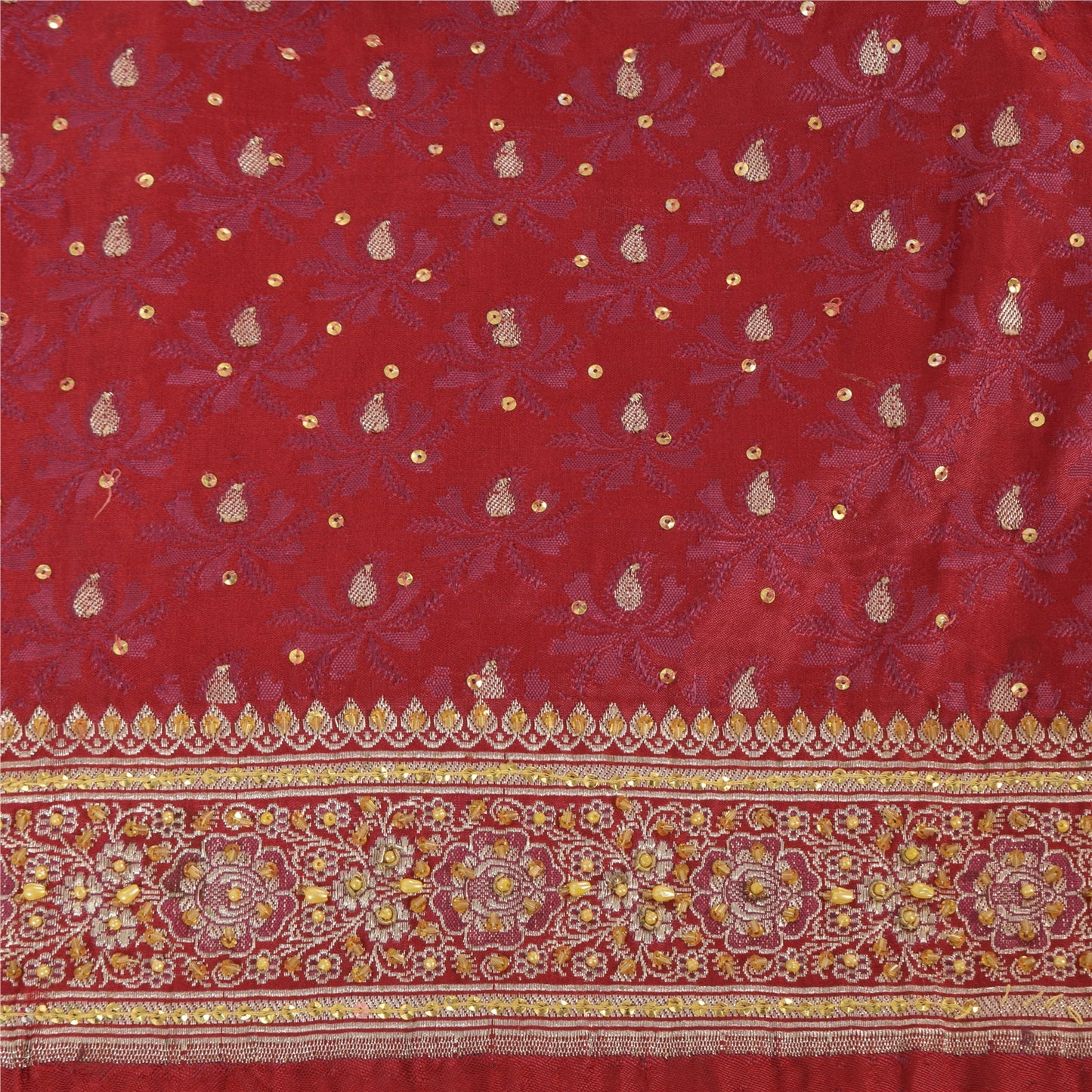 Sanskriti Vintage Red Sarees Pure Satin Silk Brocade Hand Beaded Sari 5yd Sustainable Fabric