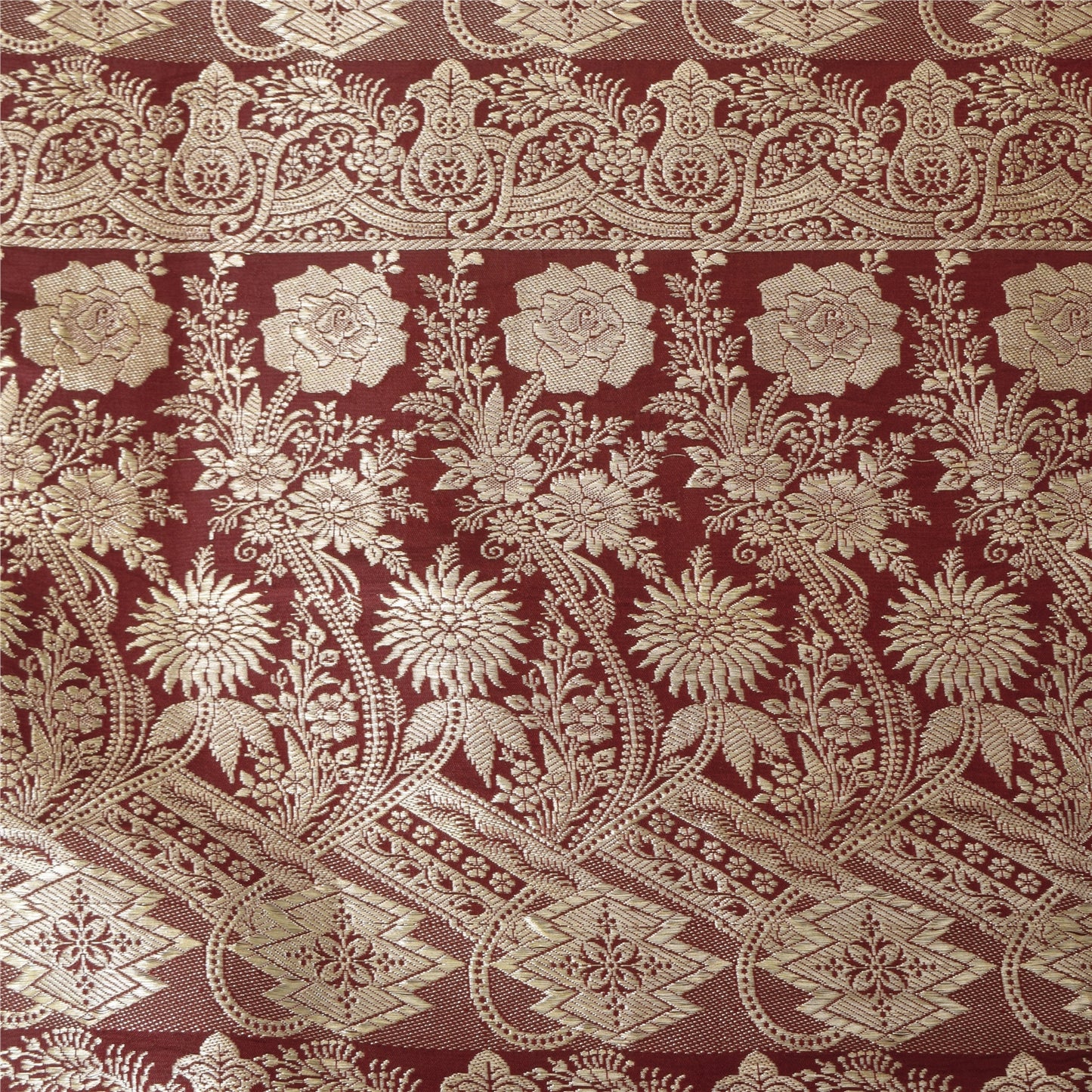 Sanskriti Vintage Dark Red Sarees Pure Satin Silk Brocade Woven Sari 5yd Sustainable Fabric