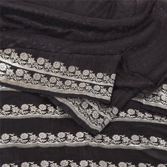 Sanskriti Vintage Black Sarees Pure Satin Silk Banarasi Woven Sari Craft Sustainable Fabric