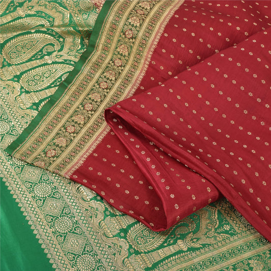 Sanskriti Vintage Green/Red Sarees Pure Silk Brocade/Banarasi Woven Sari Sustainable Fabric