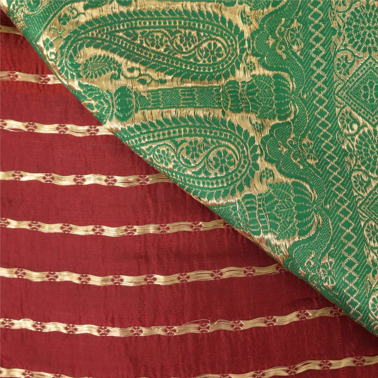 Sanskriti Vintage Green/Red Sarees Pure Silk Brocade/Banarasi Woven Sari Sustainable Fabric