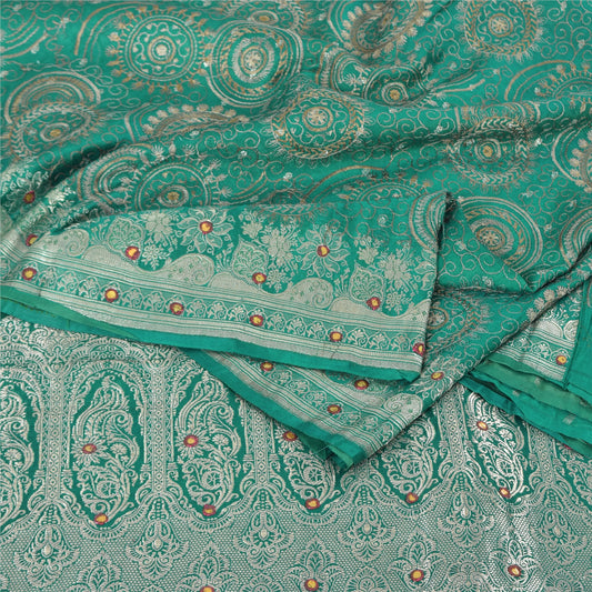 Sanskriti Vintage Teal Sarees Pure Satin Silk Brocade/Banarasi Woven Sari Sustainable Fabric