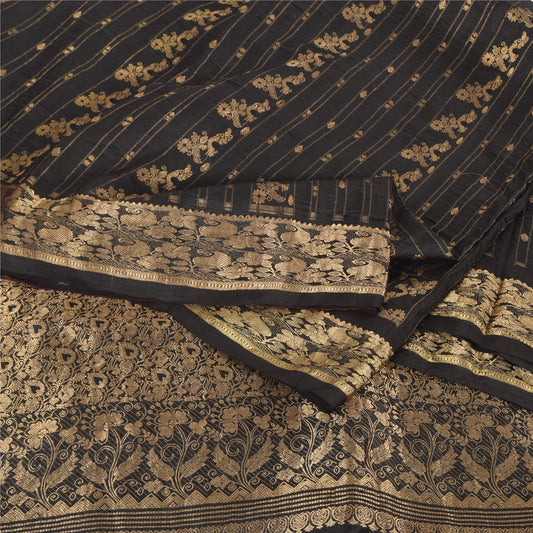 Sanskriti Vintage Indian Black Sarees Pure Silk Woven Brocade Sari Craft Sustainable Fabric