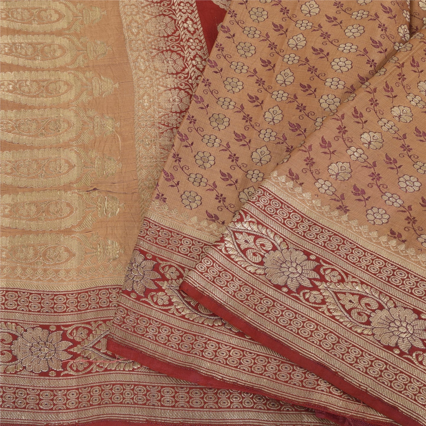 Sanskriti Vintage Red/Cream Sarees Pure Silk Brocade/Banarasi Woven Sari Sustainable Fabric