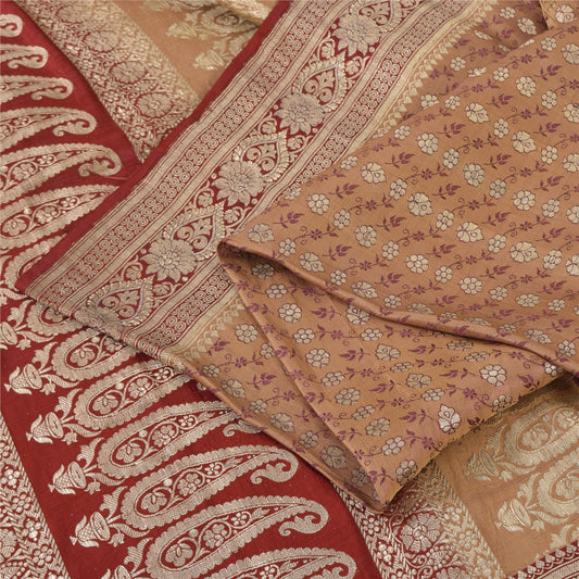 Sanskriti Vintage Red/Cream Sarees Pure Silk Brocade/Banarasi Woven Sari Sustainable Fabric
