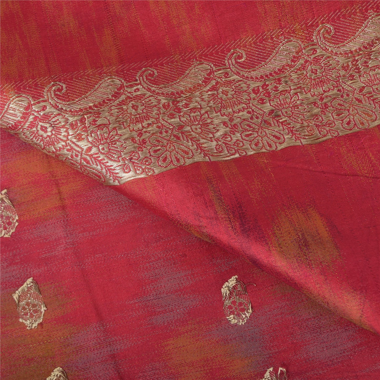 Sanskriti Vintage Red Sarees Pure Satin Silk Banarasi Brocade Craft Fabric Sari