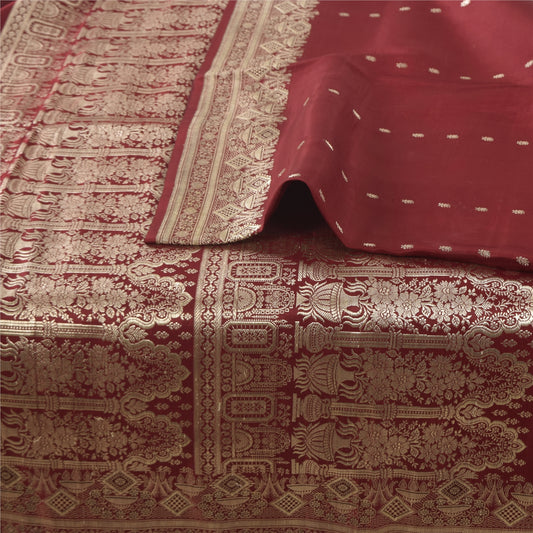 Sanskriti Vintage Red Sarees Pure Satin Silk Banarasi Brocade Woven Sustainable Fabric Sari