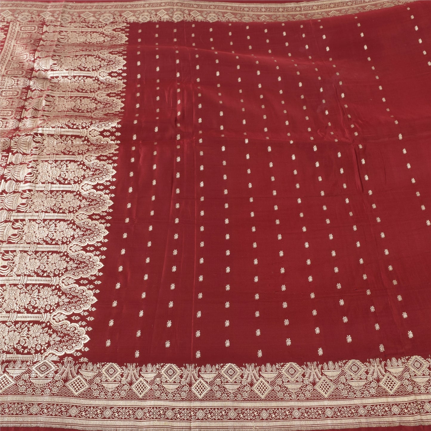 Sanskriti Vintage Red Sarees Pure Satin Silk Banarasi Brocade Woven Sustainable Fabric Sari