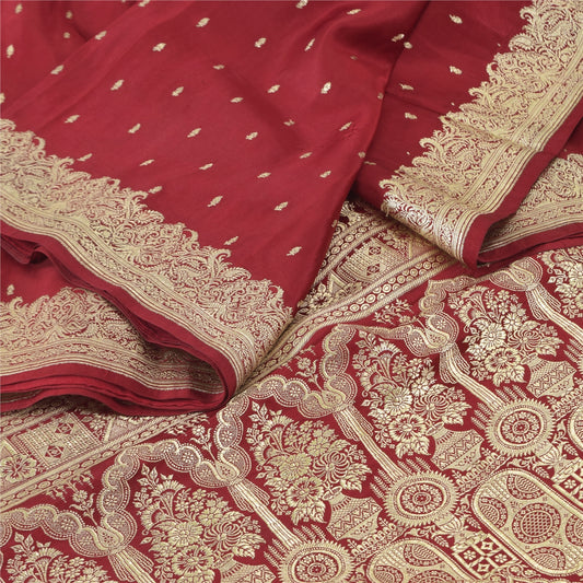 Sanskriti Vintage Red Sarees Pure Satin Silk Woven Banarasi Brocade Fabric Sari