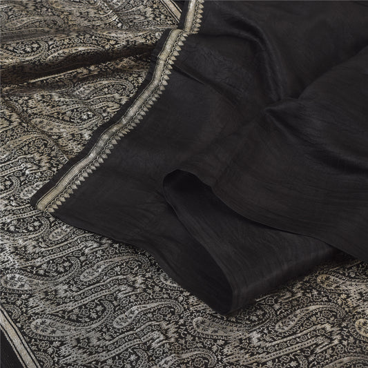 Sanskriti Vintage Black Sarees Pure Satin Silk Banarasi Zari Woven Brocade 5+YD