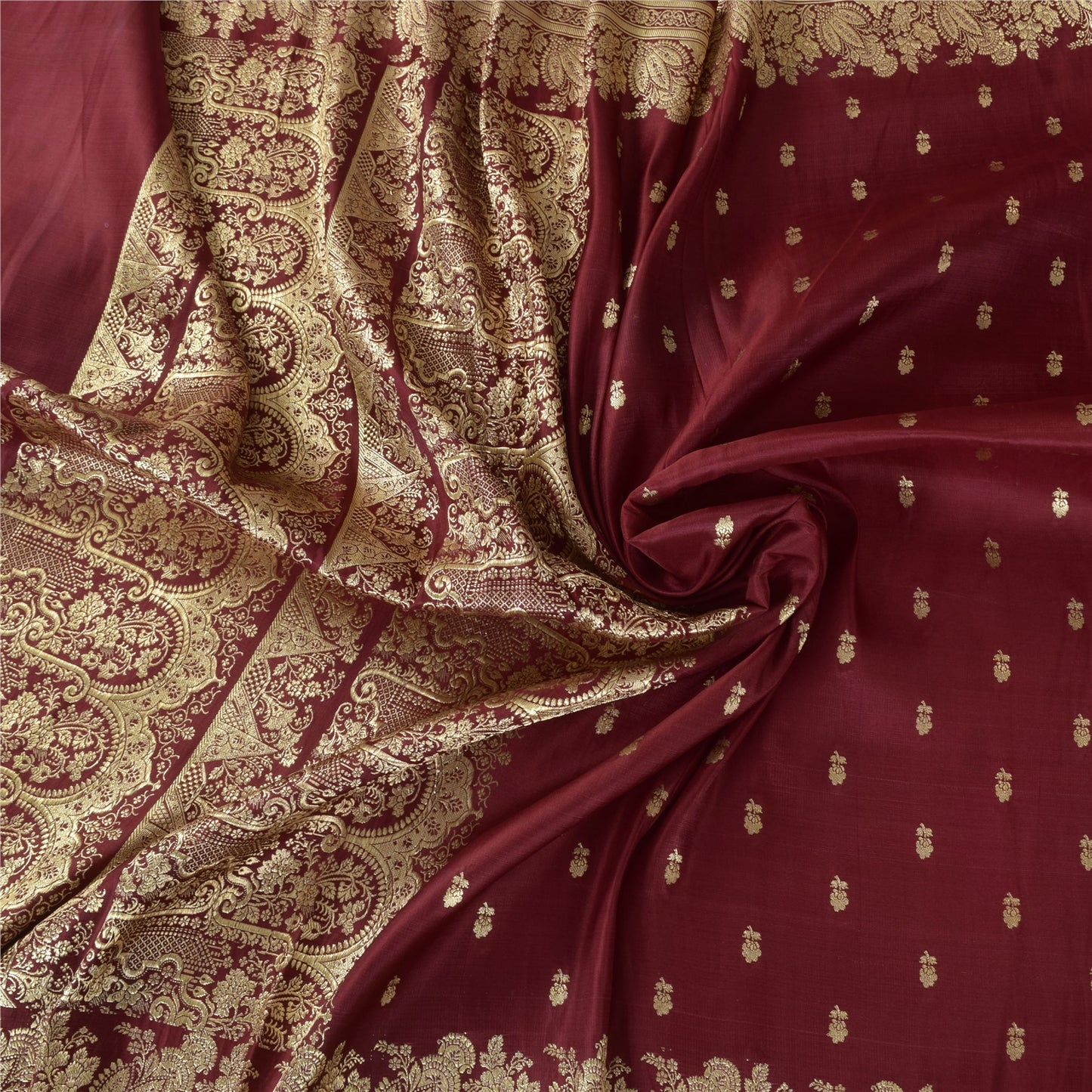 Sanskriti Vintage Dark Red Sarees Pure Satin Silk Woven Sari Brocade 5yd Sustainable Fabric