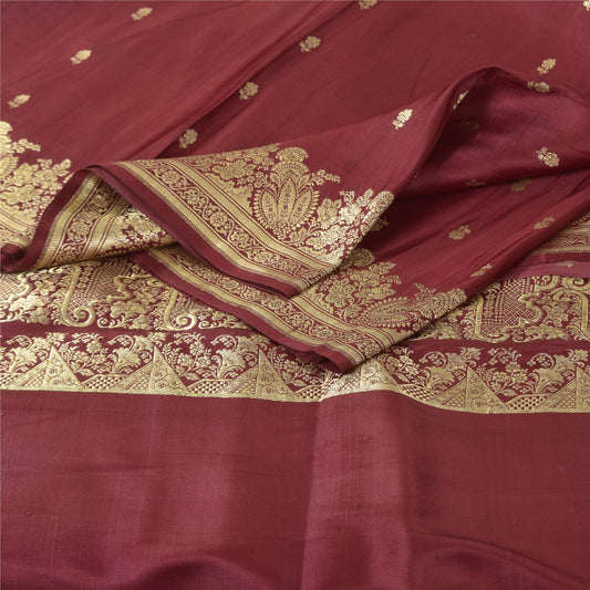 Sanskriti Vintage Dark Red Sarees Pure Satin Silk Woven Sari Brocade 5yd Sustainable Fabric