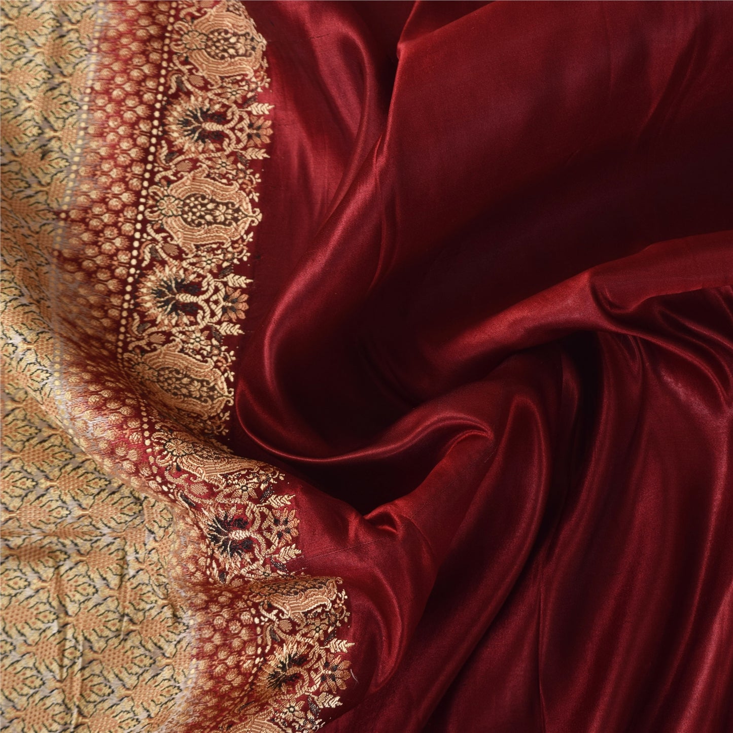 Sanskriti Vintage Saree Dark Red 100% Pure Satin Silk 5+Yd Sari Brocade Banarasi Woven Fabric Hand Woven India Textile Heritage Supplies
