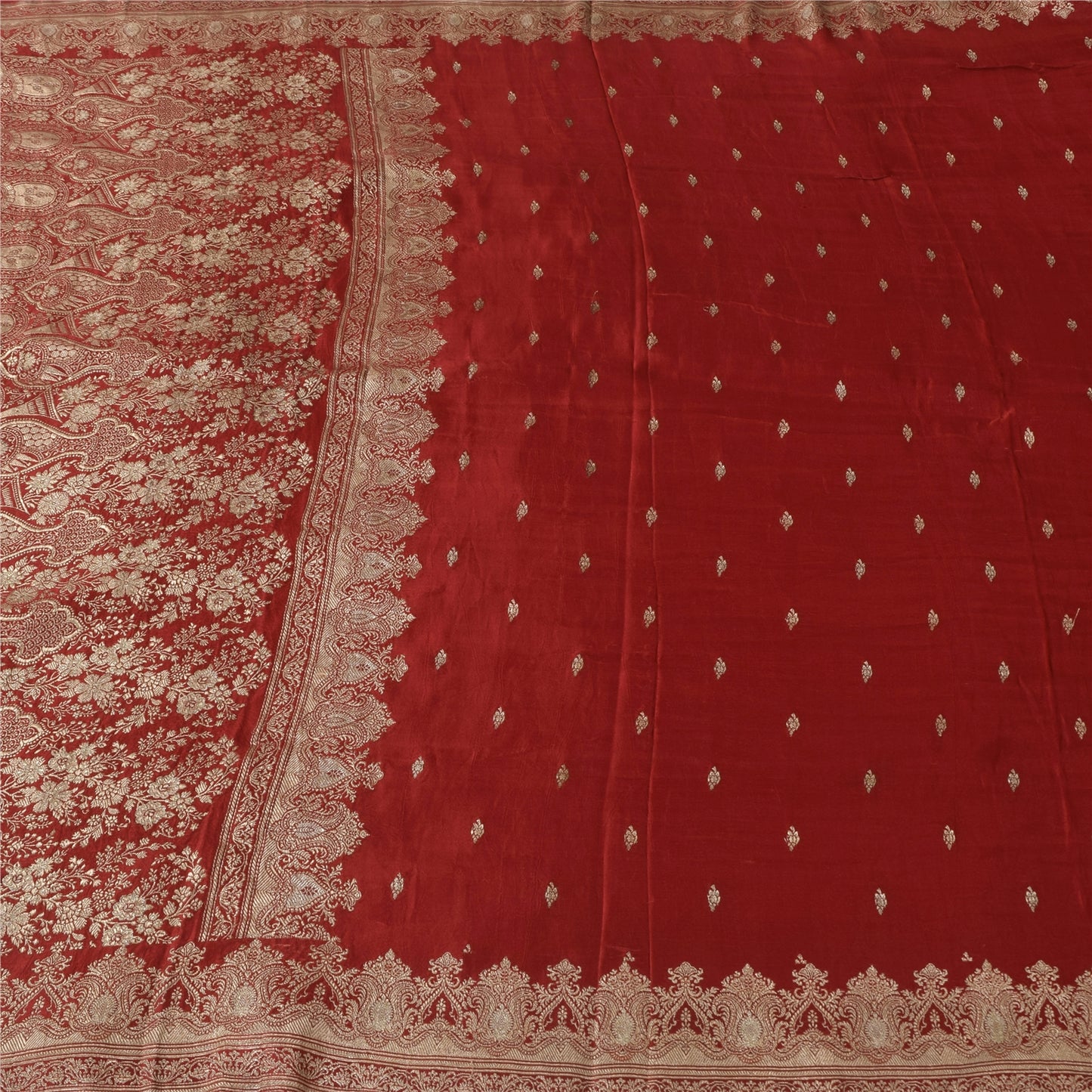 Sanskriti Vintage Red Sarees Pure Silk Brocade/Banarasi Woven Sari Craft Sustainable Fabric