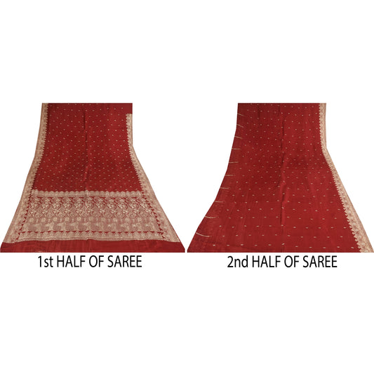 Sanskriti Vintage Red Sarees Pure Silk Brocade/Banarasi Woven Sari Craft Sustainable Fabric