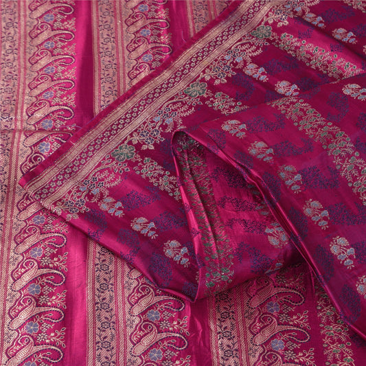 Sanskriti Vintage Magenta Sarees Pure Satin Silk Woven Banarasi Brocade Sari Craft Sustainable Fabric