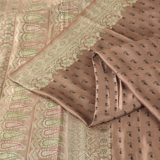 Sanskriti Vintage Peach Sarees Pure Satin Silk Banarasi Brocade Sustainable Fabric 5yd Sari