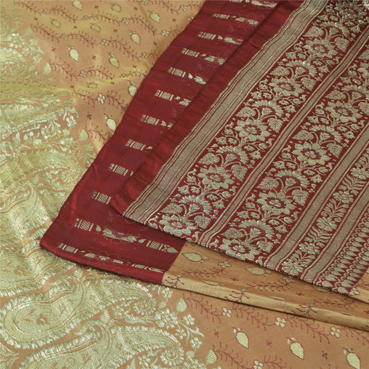 Sanskriti Vintage Peach/Red Sarees Pure Satin Silk Brocade/Banarasi Sari Sustainable Fabric