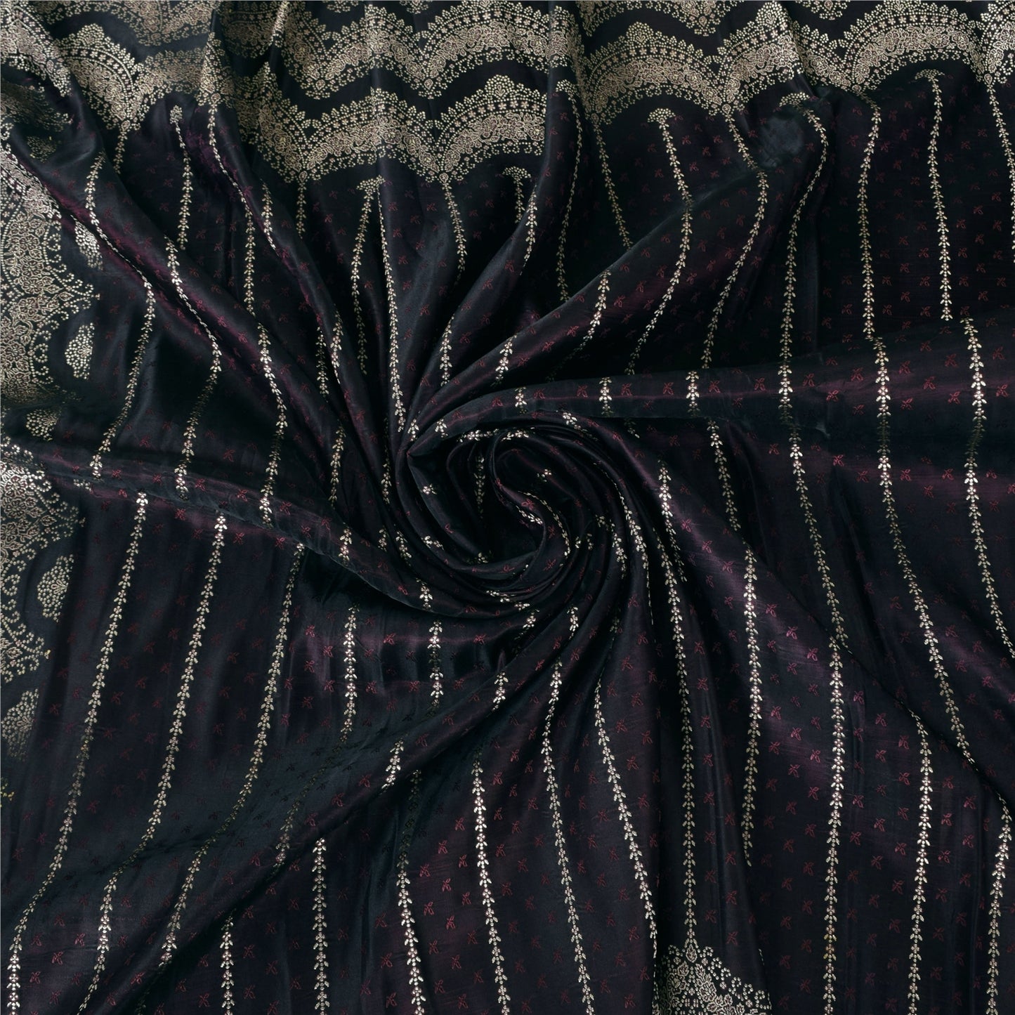 Sanskriti Vintage Black Wine Shimmer Pure Satin Silk Brocade Saree Material fabric for Craft 5.4Yards