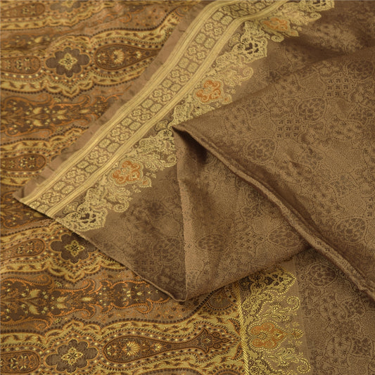Sanskriti Vintage Brown Sarees Pure Silk Brocade/Banarasi Woven Sari 5yd Sustainable Fabric
