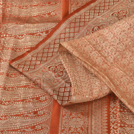 Sanskriti Vintage Peach Saree Pure Satin Silk Brocade/Banarasi Woven Sari Sustainable Fabric