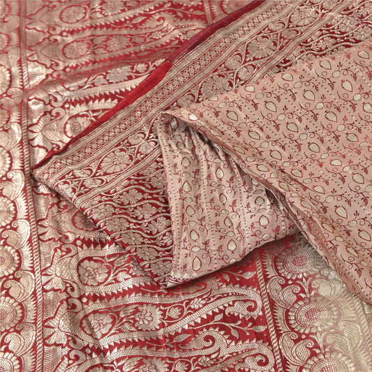 Sanskriti Vintage Red Sarees Pure Silk Brocade/Banarasi Woven Sari Craft Fabric