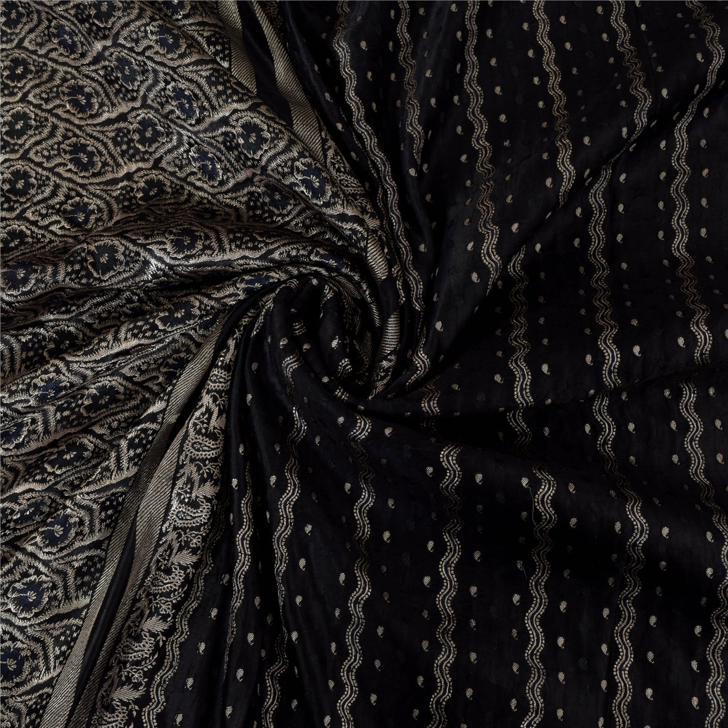 Sanskriti Vintage Black Saree Pure Satin Silk Brocade/Banarasi Woven Sari Sustainable Fabric