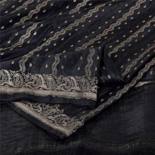 Sanskriti Vintage Black Saree Pure Satin Silk Brocade/Banarasi Woven Sari Sustainable Fabric