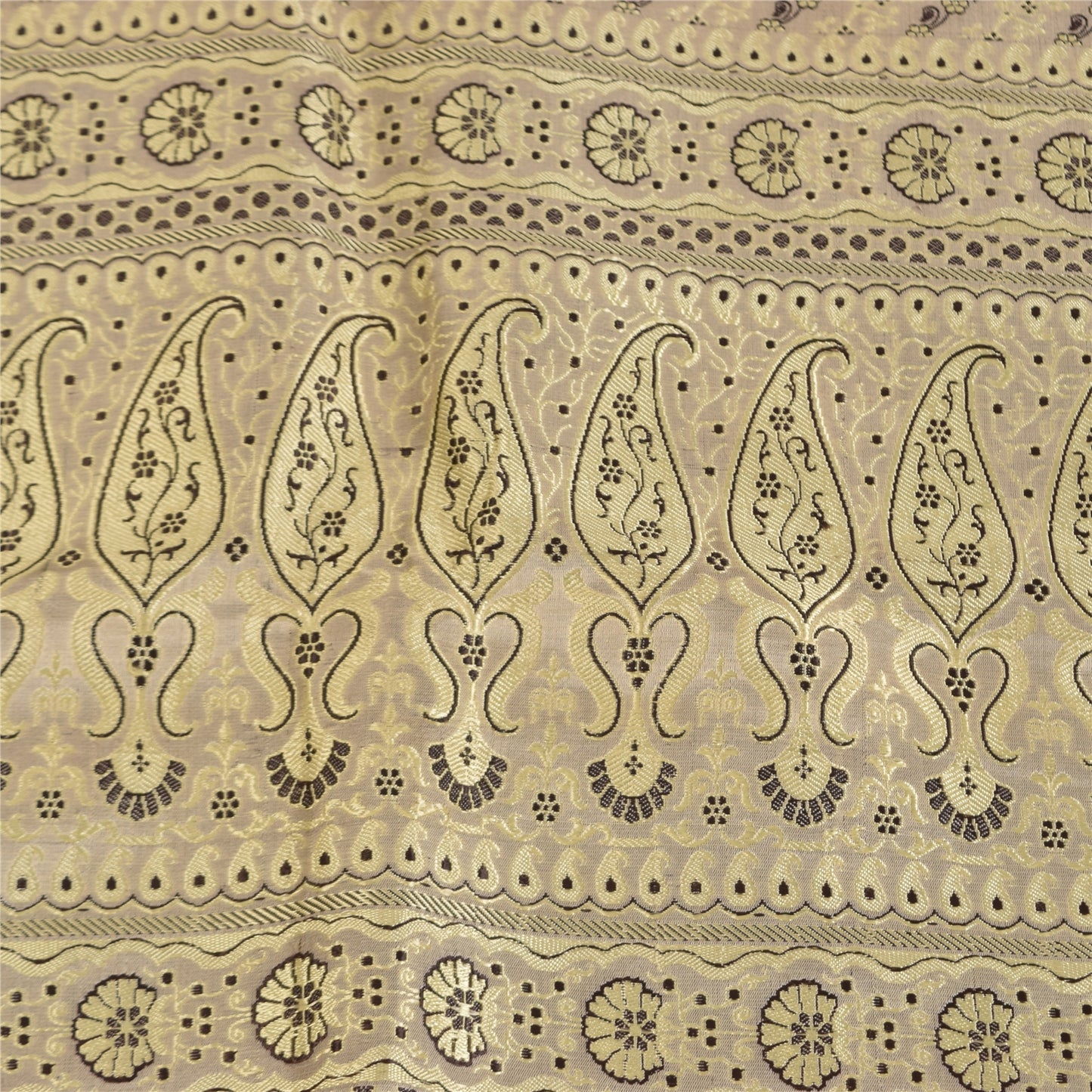 Sanskriti Vintage Cream Sarees Pure Silk Brocade/Banarasi Woven Sari 5yd Sustainable Fabric