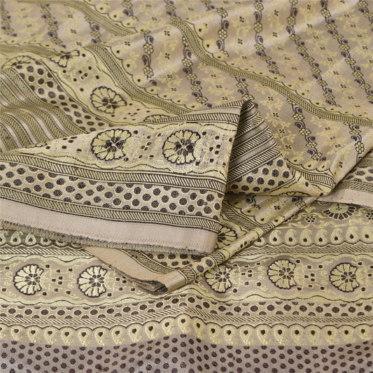 Sanskriti Vintage Cream Sarees Pure Silk Brocade/Banarasi Woven Sari 5yd Sustainable Fabric